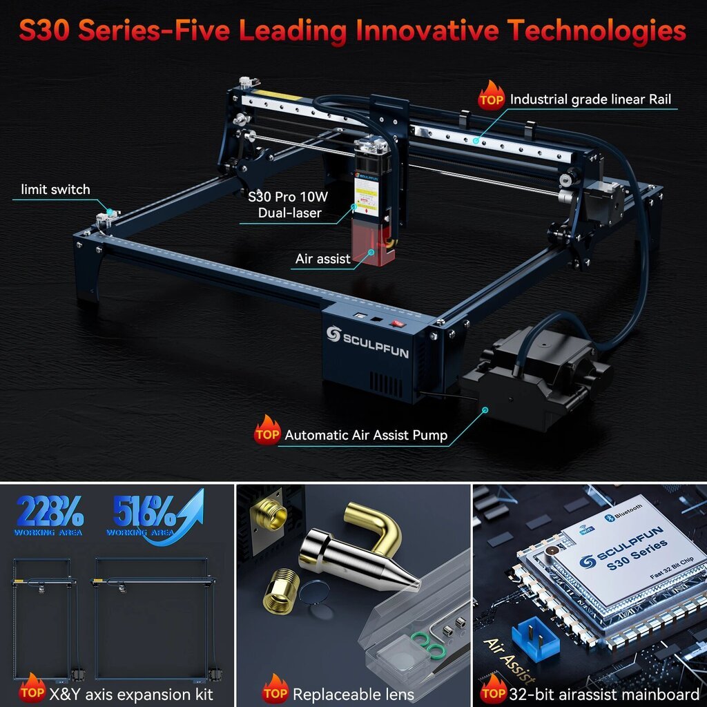 Laserlõikusmasin SCULPFUN S30 Pro 10W hind ja info | Elektrilised saed, mootorsaed ja tarvikud | kaup24.ee