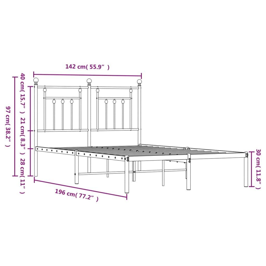 vidaXL metallist voodiraam peatsiga, valge, 135x190 cm hind ja info | Voodid | kaup24.ee