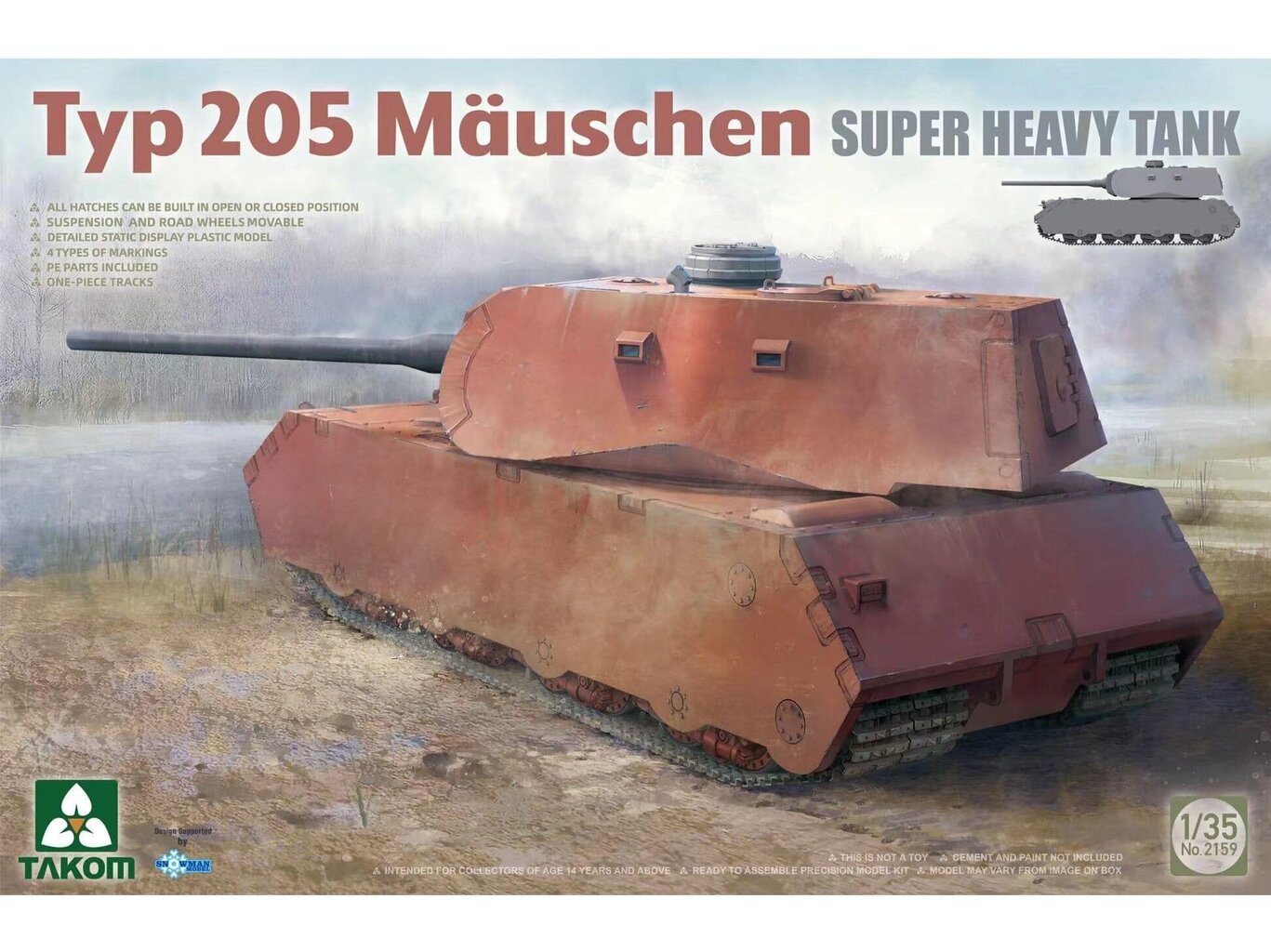 Takom - Typ 205 Mäuschen Super Heavy Tank, 1/35, 2159 цена и информация | Klotsid ja konstruktorid | kaup24.ee