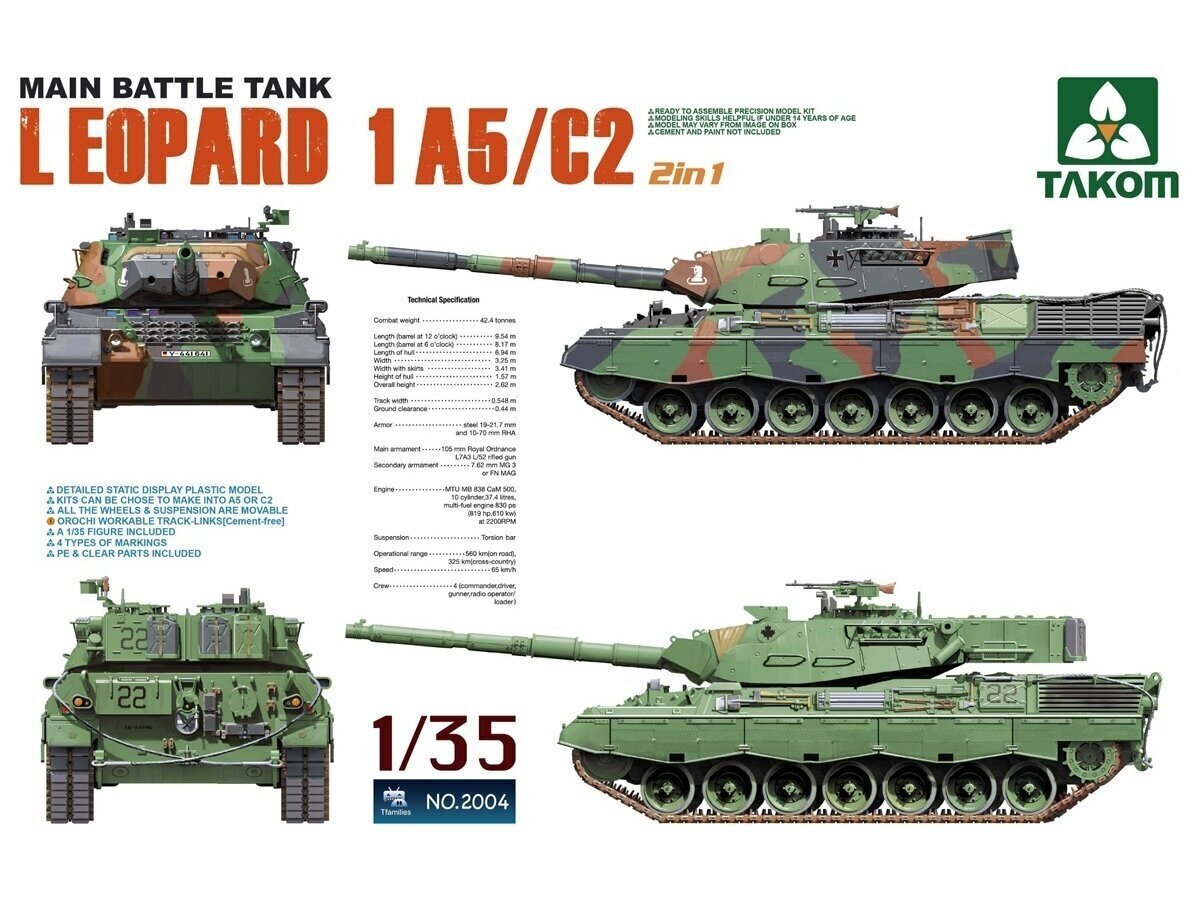 Takom - Main Battle Tank Leopard 1 A5/C2, 1/35, 2004 цена и информация | Klotsid ja konstruktorid | kaup24.ee