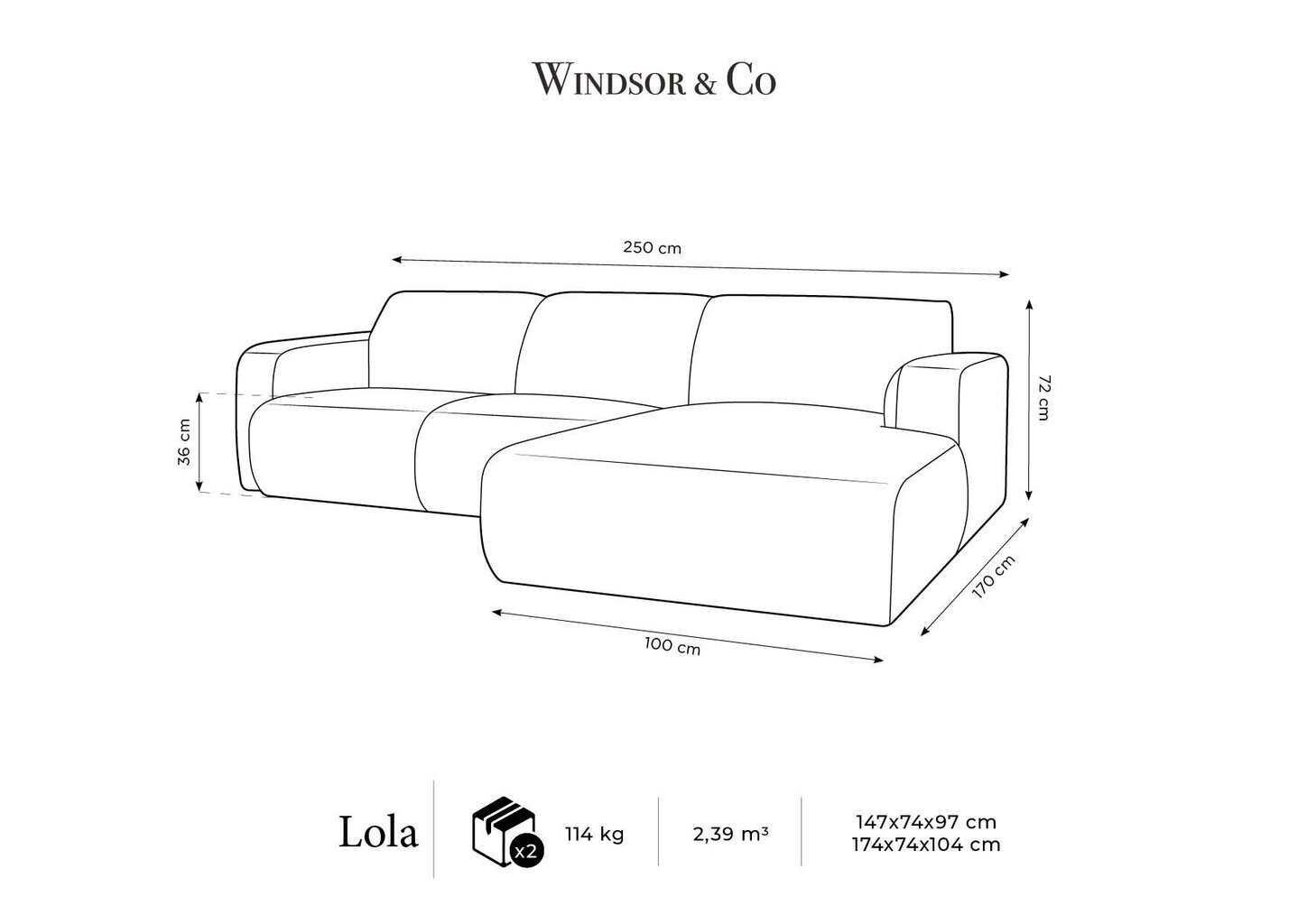 Parempoolne diivan Windsor & Co Lola, 250x170x72 cm, hall цена и информация | Nurgadiivanid ja nurgadiivanvoodid | kaup24.ee