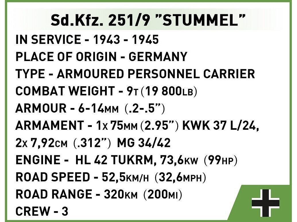 Mudelkomplekt COBI Plastkonstruktorid Sd.Kfz. 251/9 Stummel, 1/35, 2283 hind ja info | Klotsid ja konstruktorid | kaup24.ee