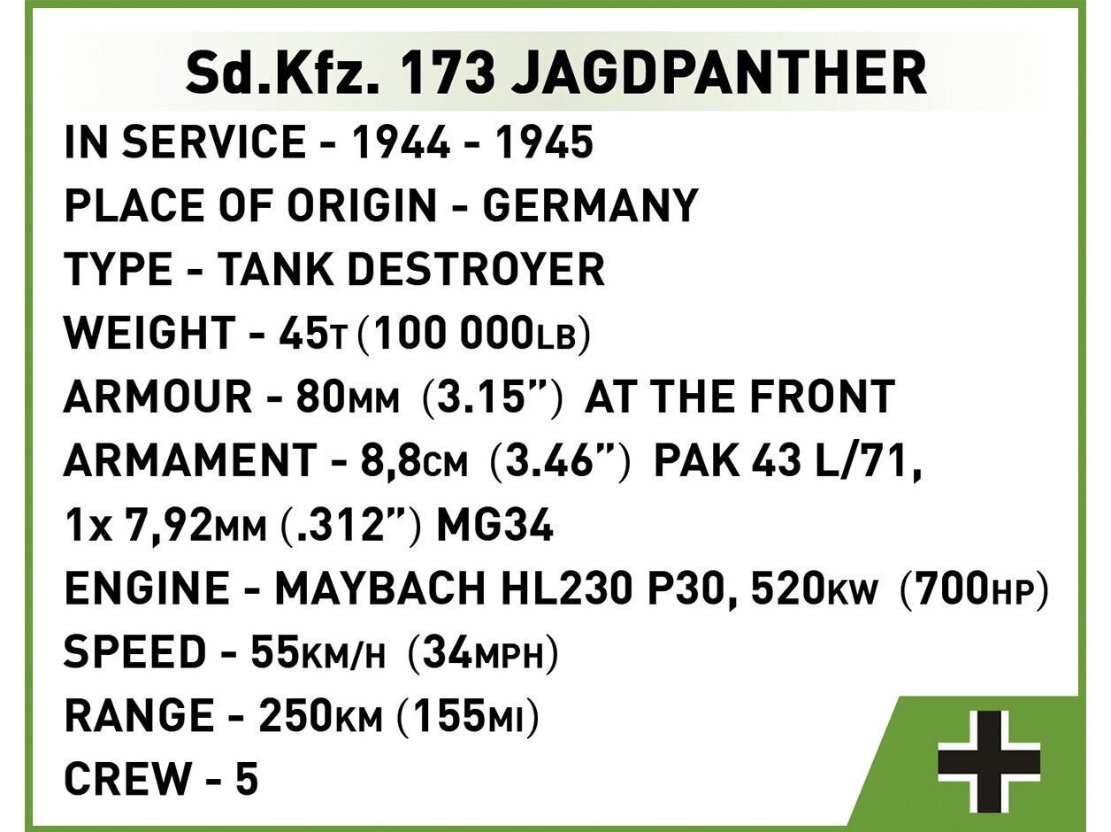 Mudelkomplekt Cobi Plastkonstruktorid Sd.Kfz.173 Jagdpanther, 1/28, 2574 hind ja info | Klotsid ja konstruktorid | kaup24.ee