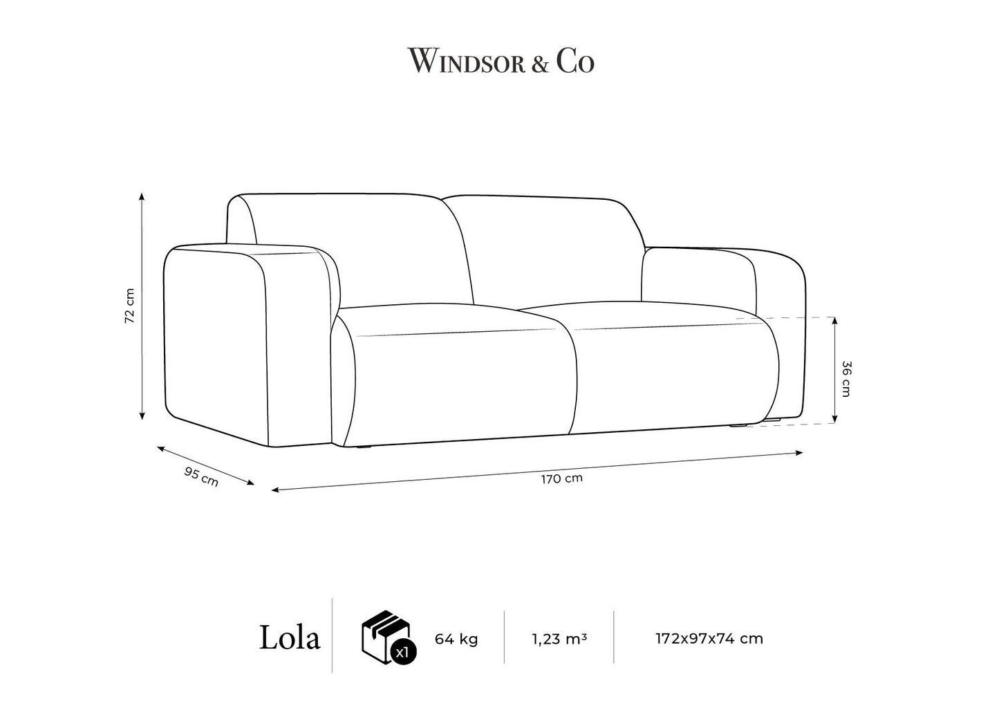 Kahekohaline diivan Windsor & Co Lola, 170x95x72 cm, helehall цена и информация | Diivanid ja diivanvoodid | kaup24.ee