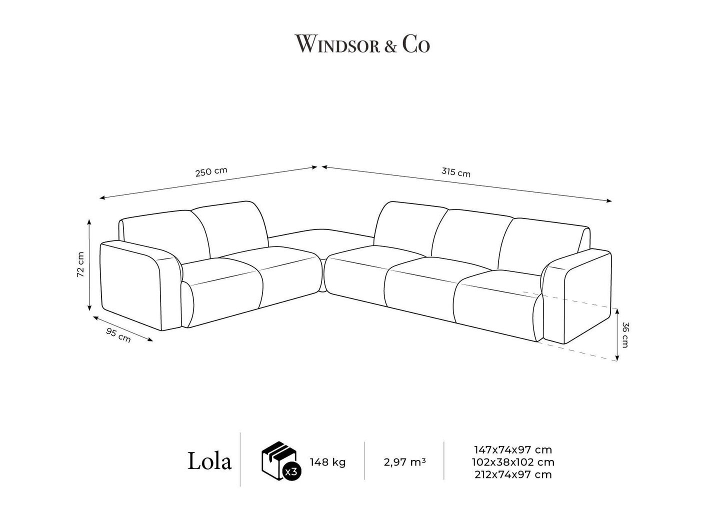 Kuuekohaline vasakpoolse nurgaga nurgadiivan Windsor & Co Lola, 315x250x72 cm, tumesinine hind ja info | Nurgadiivanid ja nurgadiivanvoodid | kaup24.ee