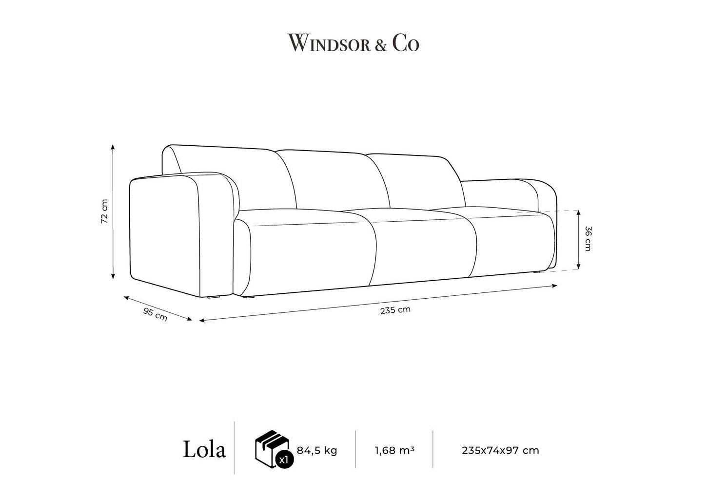 Kolmekohaline diivan Windsor & Co Lola, 235x95x72 cm, must цена и информация | Diivanid ja diivanvoodid | kaup24.ee