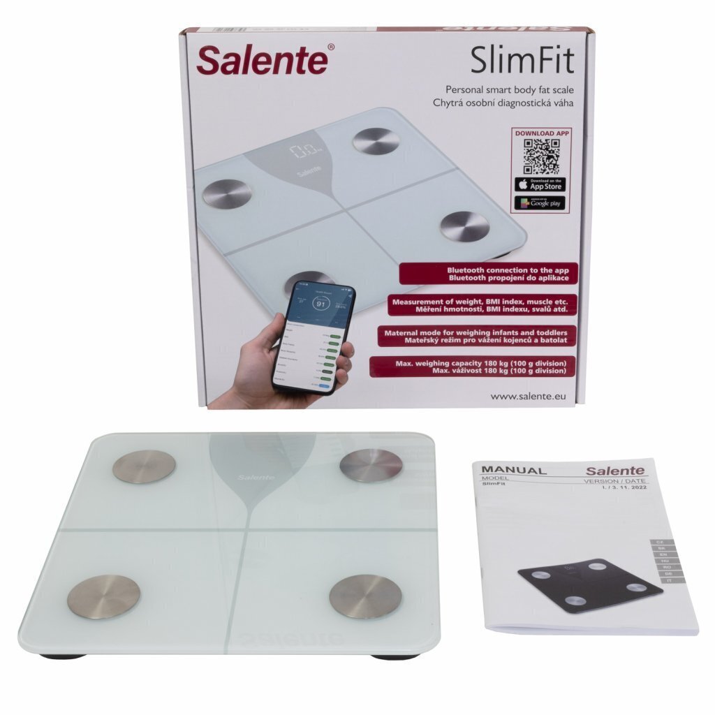 Personaalne diagnostiline fitnesskaal Salente SlimFit, Bluetooth, valge цена и информация | Kaalud | kaup24.ee