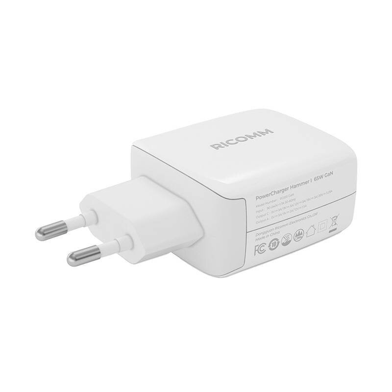 Ricomm seinalaadija 65W GaN RC652 EU, 2xUSB-C + 2.1m USB-C Cable цена и информация | Mobiiltelefonide laadijad | kaup24.ee