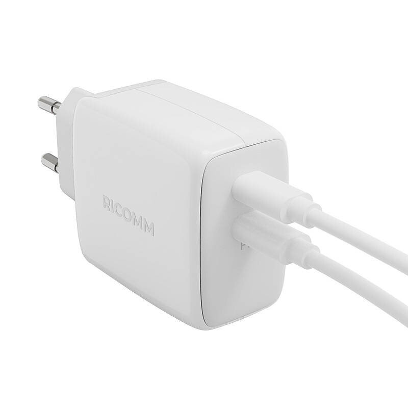 Ricomm seinalaadija 65W GaN RC652 EU, 2xUSB-C + 2.1m USB-C Cable цена и информация | Mobiiltelefonide laadijad | kaup24.ee