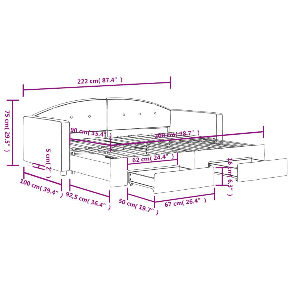 vidaXL diivanvoodi väljatõmmatava osaga, tumeroheline 90x200 cm, samet цена и информация | Voodid | kaup24.ee