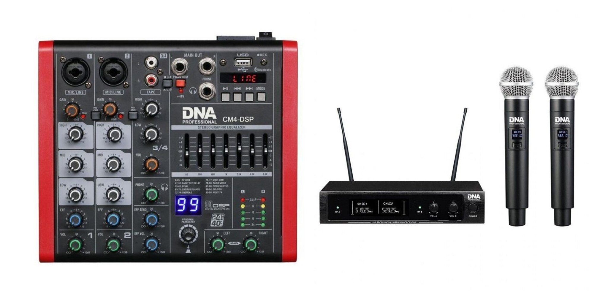 Komplekt DNA CM4-DSP helimikser USB MP3 Bluetooth Phantom +DNA Stage Vocal Set kahe juhtmevaba käeshoitava mikrofoni süsteem hind ja info | DJ puldid | kaup24.ee