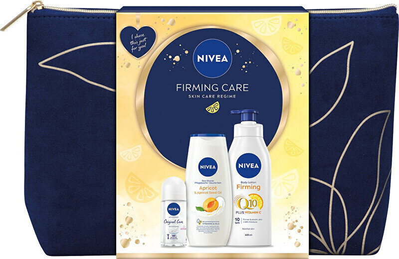 Komplekt Nivea firming Care body care gift set: ihupiim Q10+ vitamiin C, 400 ml + dušigeel Care & Apricot, 250 ml + rulldeodorant Original Care, 50 ml + kosmeetikakott hind ja info | Dušigeelid, õlid | kaup24.ee