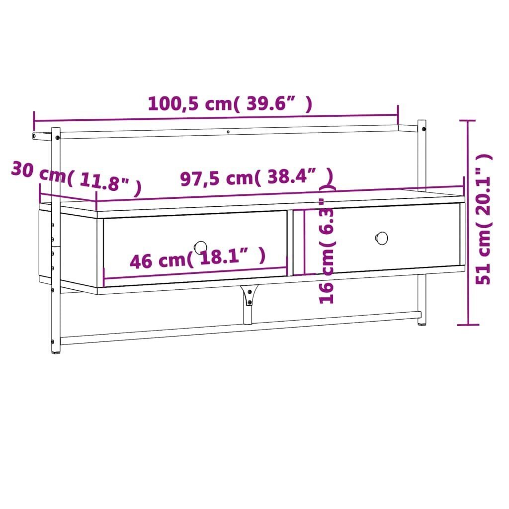 vidaXL seinale kinnitatav telerikapp, Sonoma tamm, 100,5x30x51 cm цена и информация | TV alused | kaup24.ee