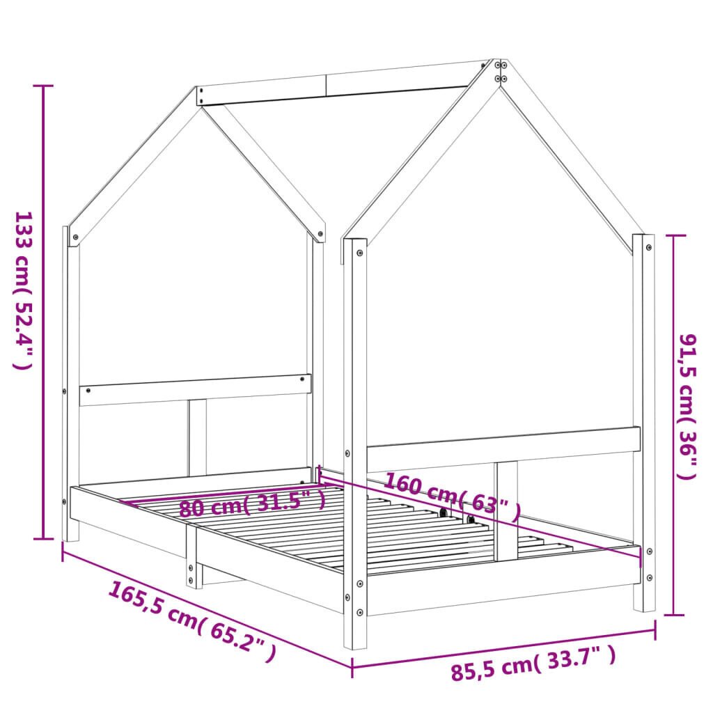 vidaXL lastevoodi raam, must, 80 x 160 cm, männipuit hind ja info | Lastevoodid | kaup24.ee