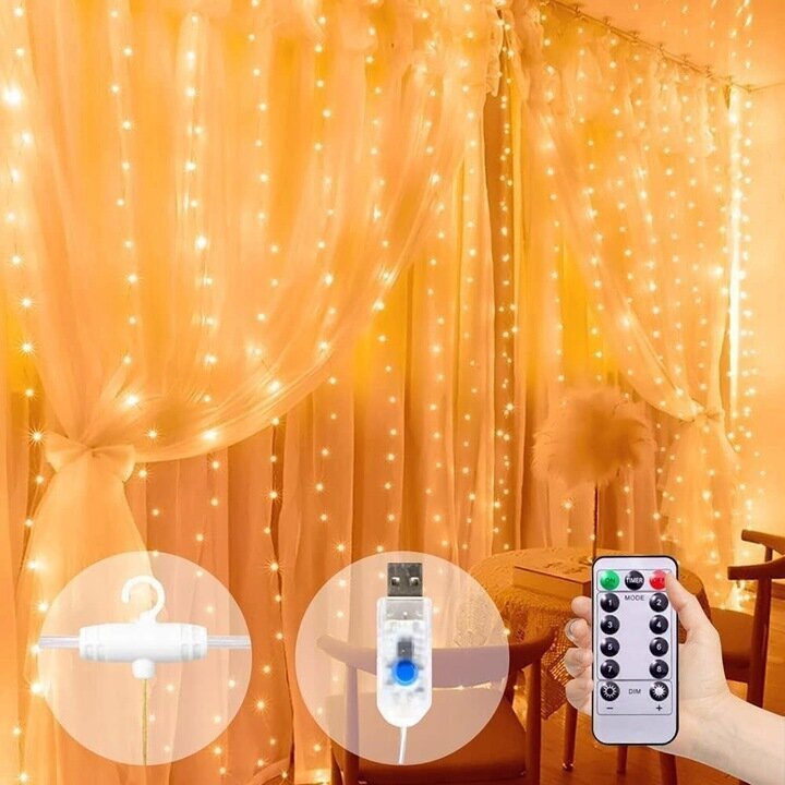 LED nöörkardin 3x3 m puldi ja pistikupesa adapteriga, soe valge / kollane hind ja info | Jõulutuled | kaup24.ee