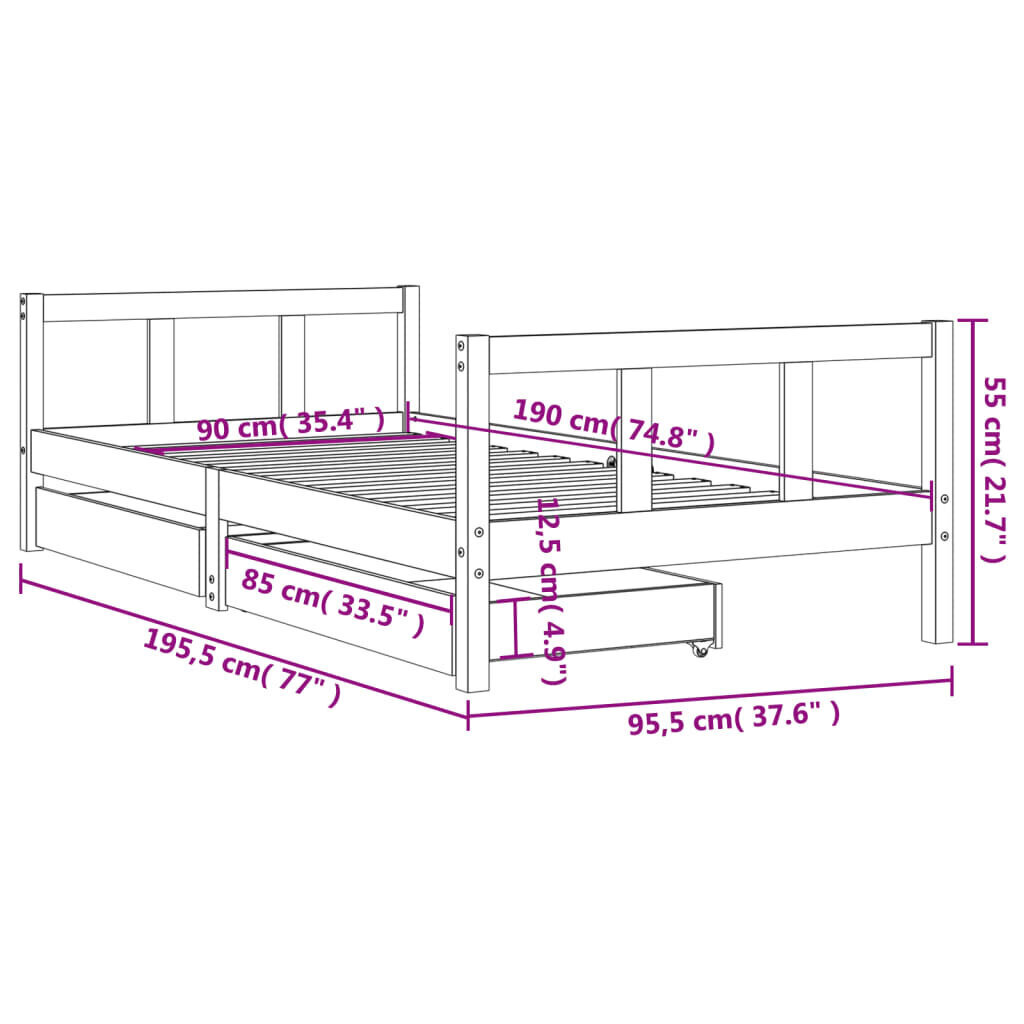 vidaXL lastevoodi raam sahtlitega, valge, 90 x 190 cm, männipuit hind ja info | Lastevoodid | kaup24.ee