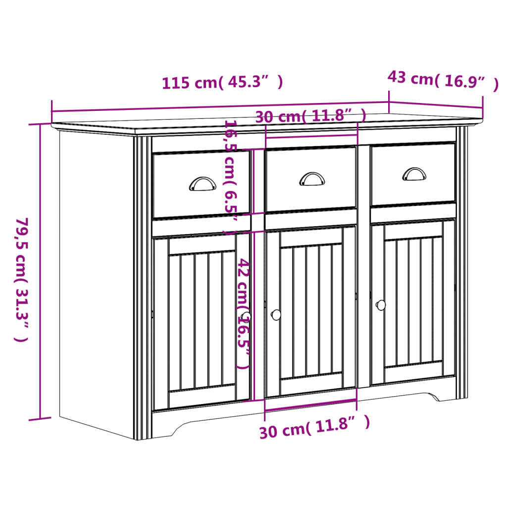 vidaXL puhvetkapp "BODO", valge, 115 x 43 x 79,5 cm, männipuit hind ja info | Elutoa väikesed kapid | kaup24.ee