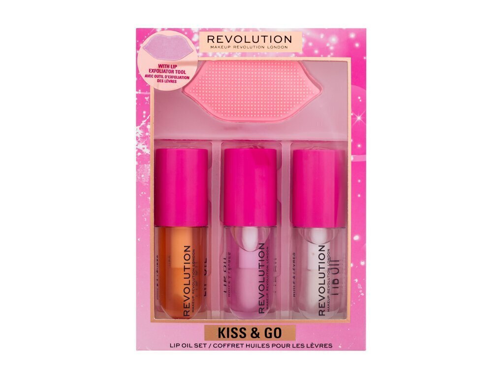 Huuleõlide komplekt Makeup Revolution - Lip Oil Set Kiss & Go, 4.5 ml, 3-osaline hind ja info | Huulepulgad, -läiked, -palsamid, vaseliin | kaup24.ee