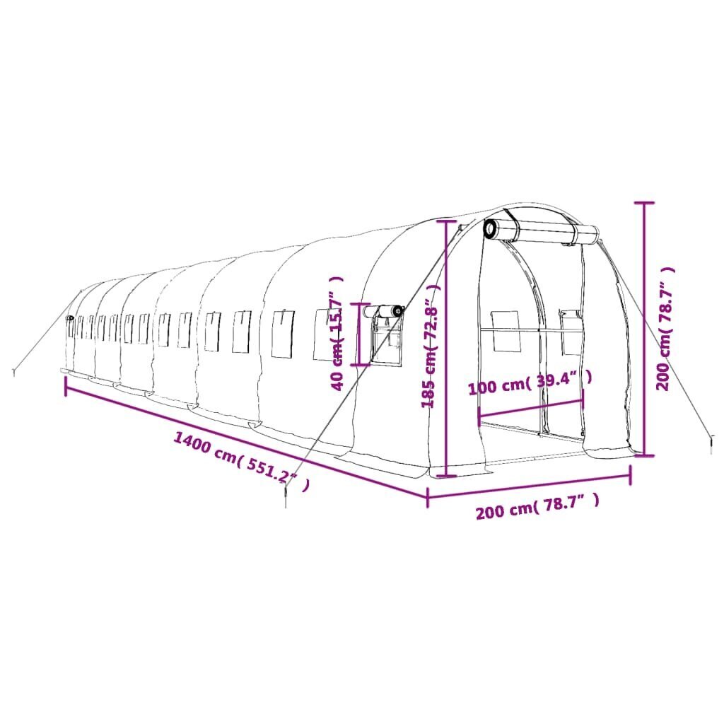 vidaXL kasvuhoone terasraamiga, roheline, 28 m², 14x2x2 m цена и информация | Kasvuhooned | kaup24.ee