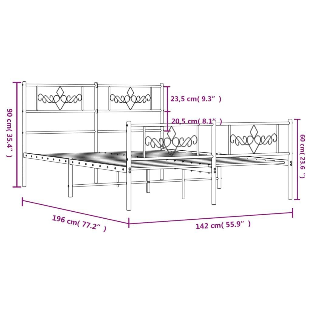 vidaXL metallist voodiraam peatsi ja jalutsiga, valge, 135 x 190 cm hind ja info | Voodid | kaup24.ee