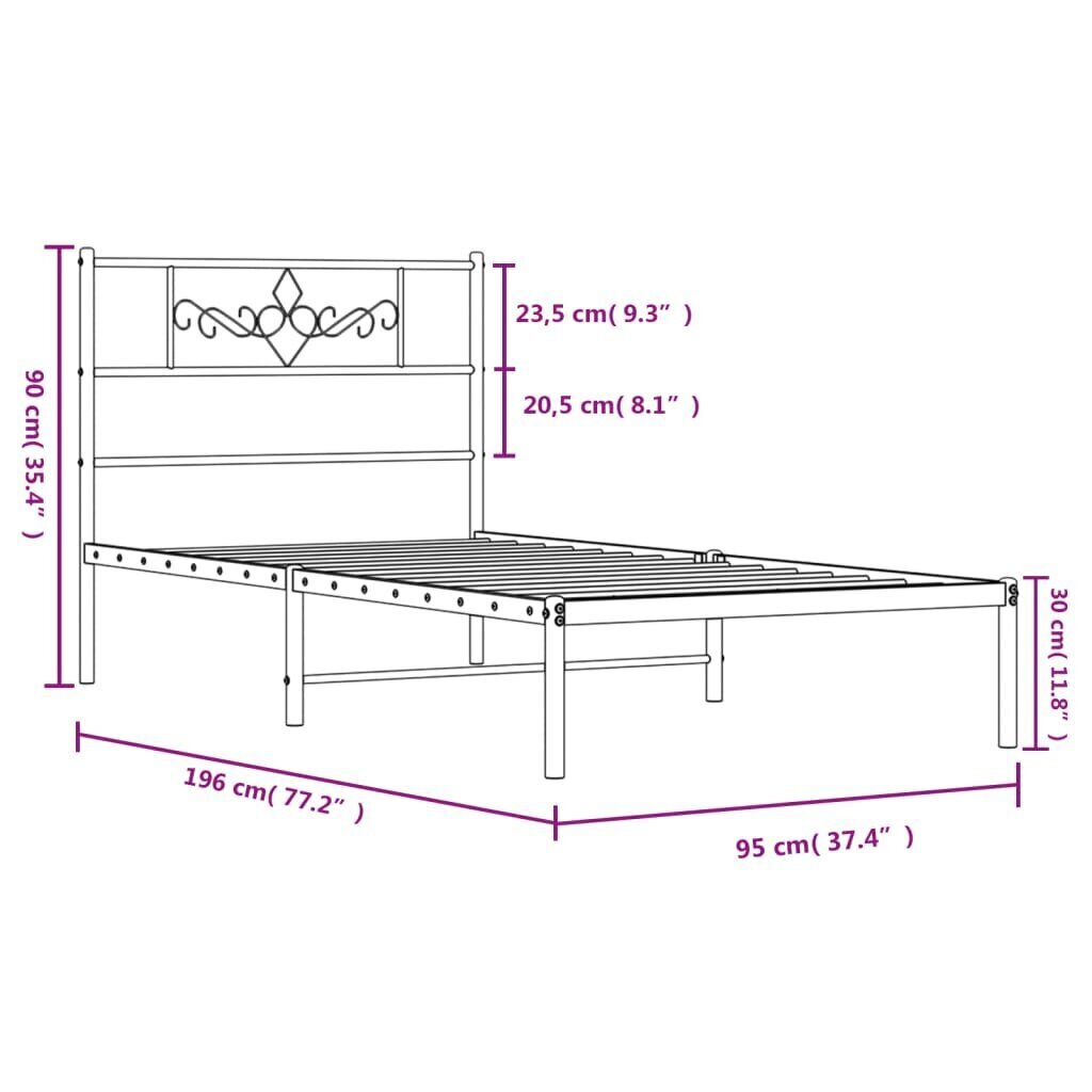 vidaXL metallist voodiraam peatsiga, must, 90 x 190 cm hind ja info | Voodid | kaup24.ee