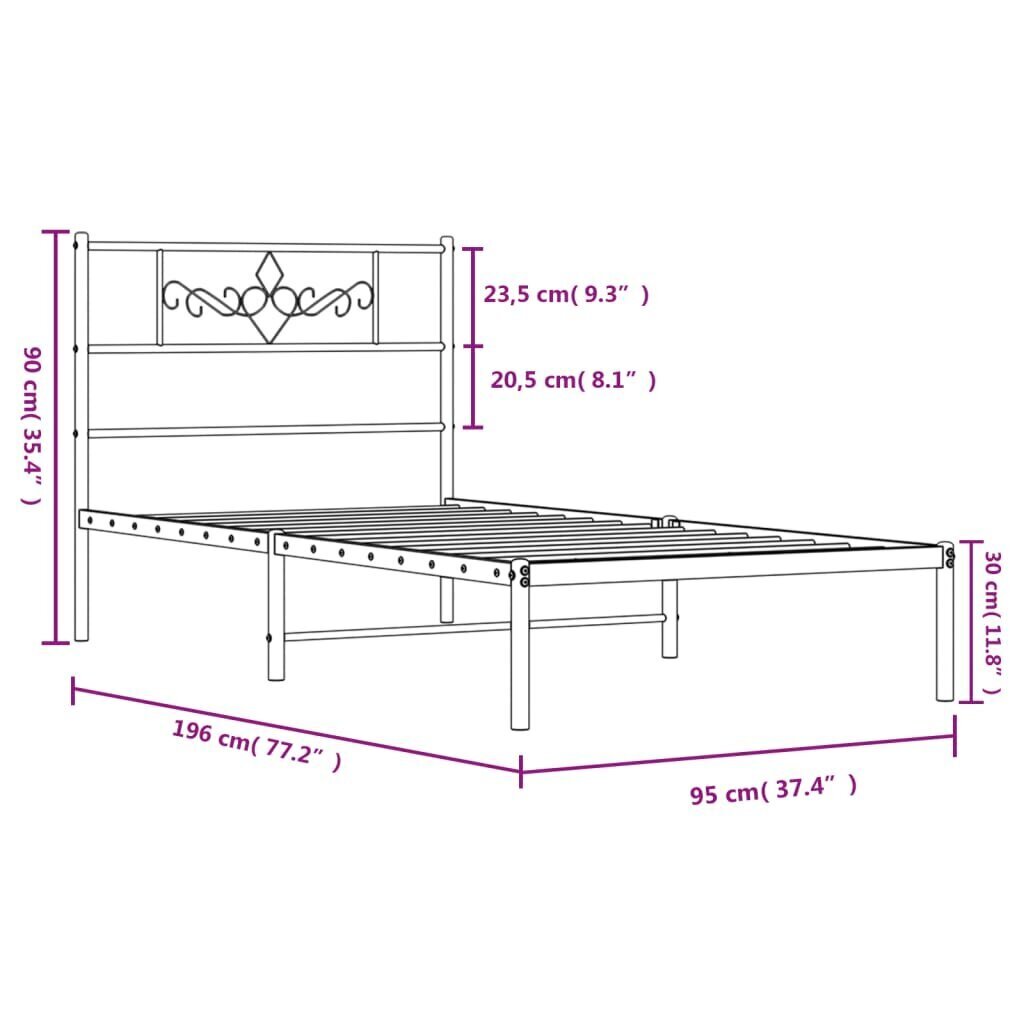 vidaXL metallist voodiraam peatsiga, must, 90 x 190 cm цена и информация | Voodid | kaup24.ee