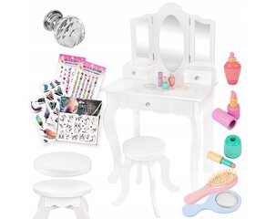 Laste kosmeetikalaud toolide ja tarvikutega, valge цена и информация | Игрушки для девочек | kaup24.ee