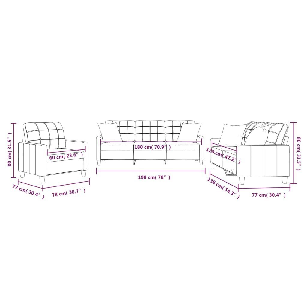 vidaXL 3-osaline diivanikomplekt patjadega, hall, kunstnahk цена и информация | Diivanid ja diivanvoodid | kaup24.ee
