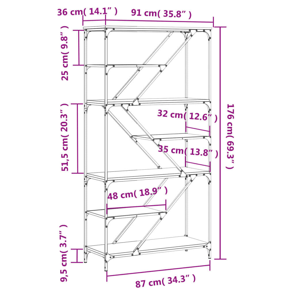 vidaXL raamaturiiul, pruun tamm, 91 x 36 x 176 cm, tehispuit ja teras цена и информация | Riiulid | kaup24.ee