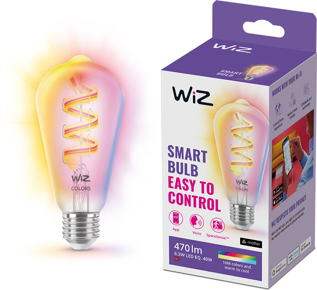 Lambipirn WiZ Smart, E27, ST64, RGB, Wi-Fi, 2200-6500 K, läbipaistev, 470 lm, 1tk цена и информация | Lambipirnid, lambid | kaup24.ee