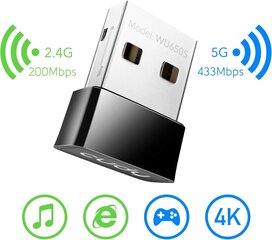 Cudy AC650 USB WLAN Stick, WLAN Adapter для PC-NANO-Size, совместим с Windows XP, 7, 8, 8.1.10, Mac OS 10.10-10.14, WU650 цена и информация | Адаптеры и USB-hub | kaup24.ee