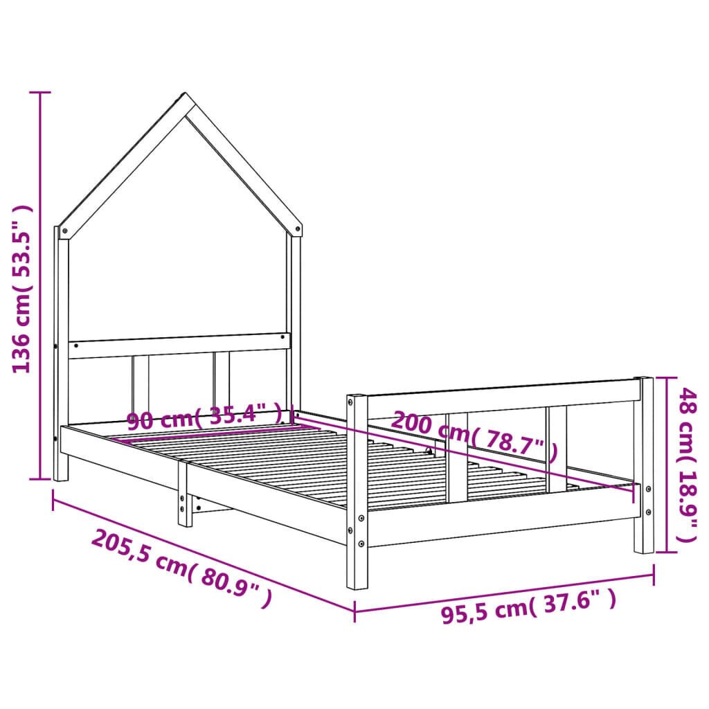 vidaXL lastevoodi raam, valge, 90 x 200 cm hind ja info | Lastevoodid | kaup24.ee