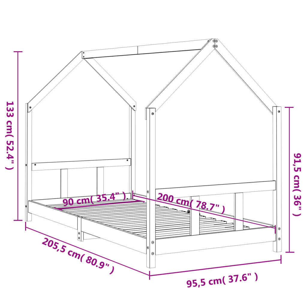 vidaXL lastevoodi raam, 90 x 200 cm, männipuit hind ja info | Lastevoodid | kaup24.ee