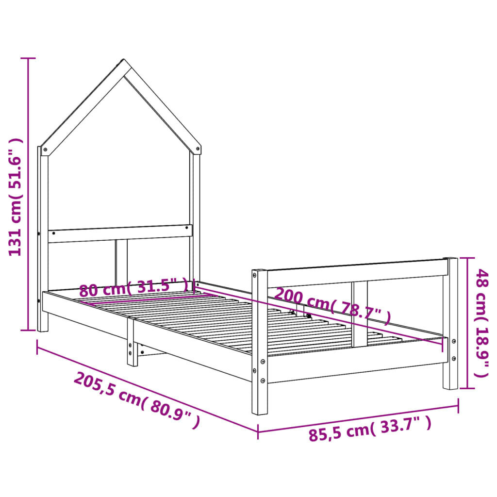 vidaXL lastevoodi raam, must, 80 x 200 cm, männipuit цена и информация | Lastevoodid | kaup24.ee