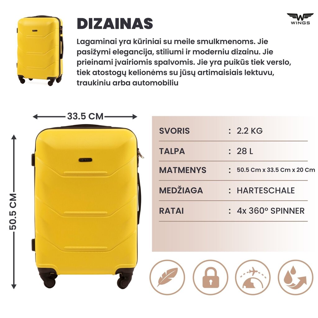 Väike kohver Wings Peacock, XS, kollane hind ja info | Kohvrid, reisikotid | kaup24.ee