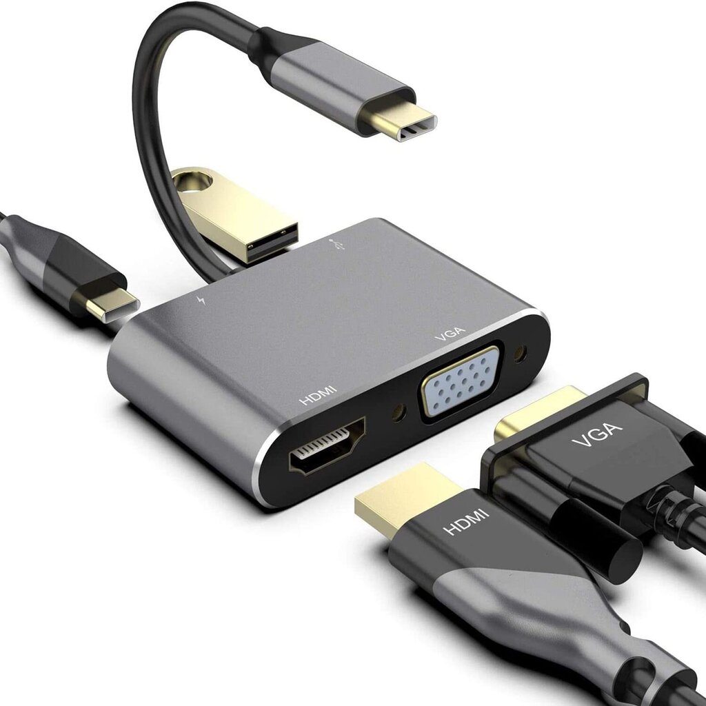 RoGer USB-C Multimedia Adapter HDMI 4K@30Hz / VGA 1080p / USB 3.0 / USB-C PD / Grey цена и информация | USB jagajad, adapterid | kaup24.ee