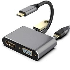 RoGer USB-C Multimedia Adapter HDMI 4K@30Hz / VGA 1080p / USB 3.0 / USB-C PD / Grey цена и информация | Адаптеры и USB-hub | kaup24.ee