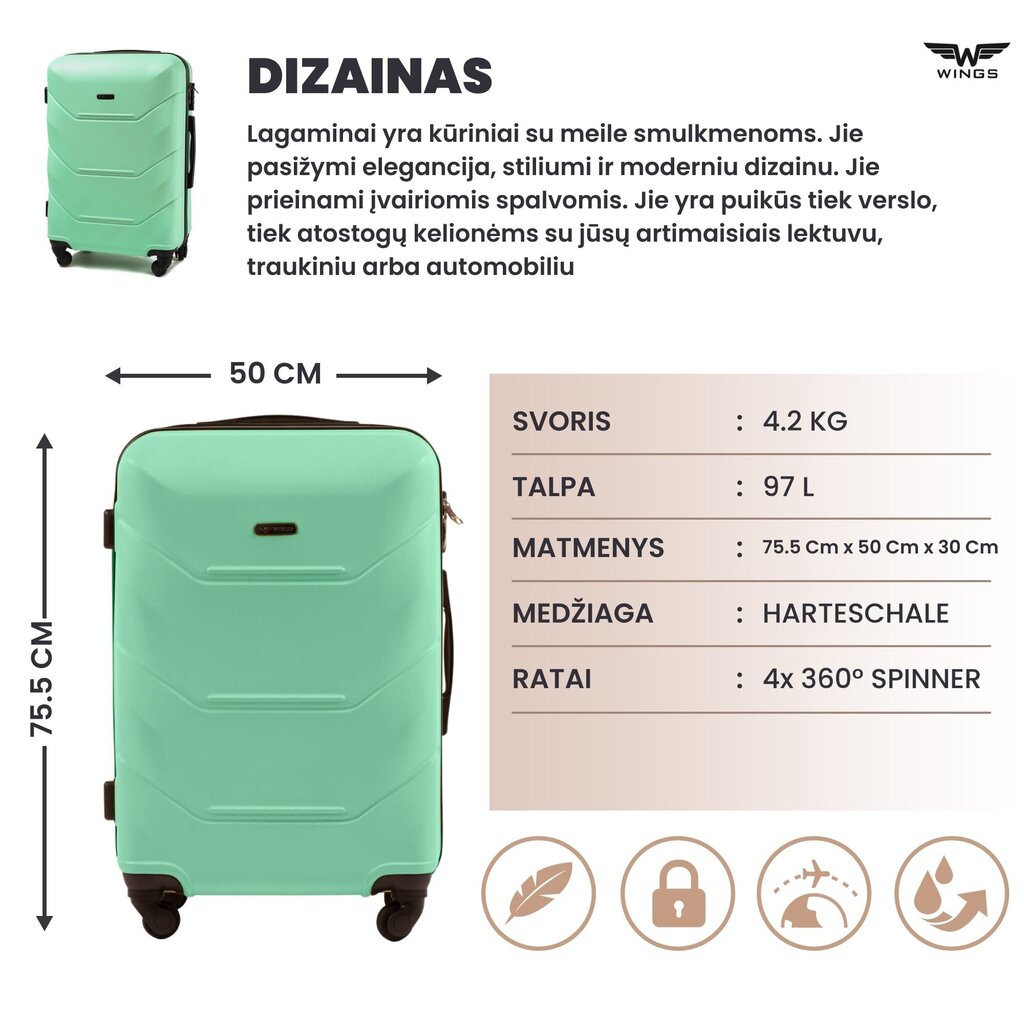 Suur kohver Wings Peacock, L, heleroheline hind ja info | Kohvrid, reisikotid | kaup24.ee