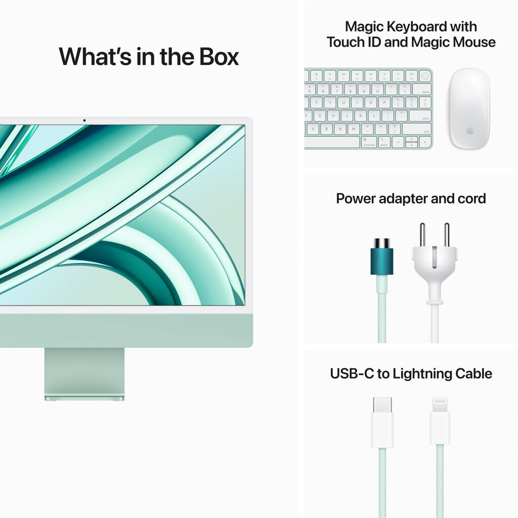 iMac 24” 4.5K Retina, Apple M3 8C CPU, 10C GPU/8GB/256GB SSD/Green/RUS - MQRN3RU/A цена и информация | Lauaarvutid | kaup24.ee