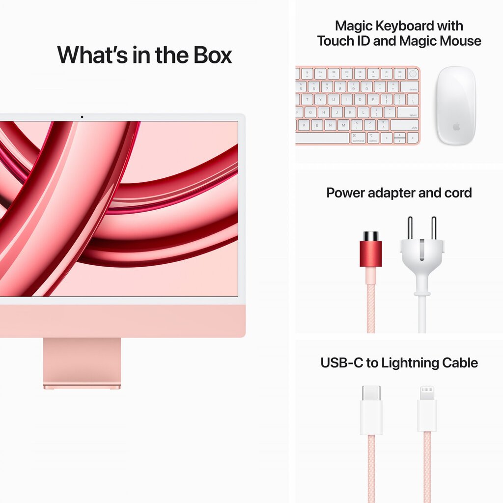 iMac 24” 4.5K Retina, Apple M3 8C CPU, 8C GPU/8GB/256GB SSD/Pink/INT - MQRD3ZE/A hind ja info | Lauaarvutid | kaup24.ee