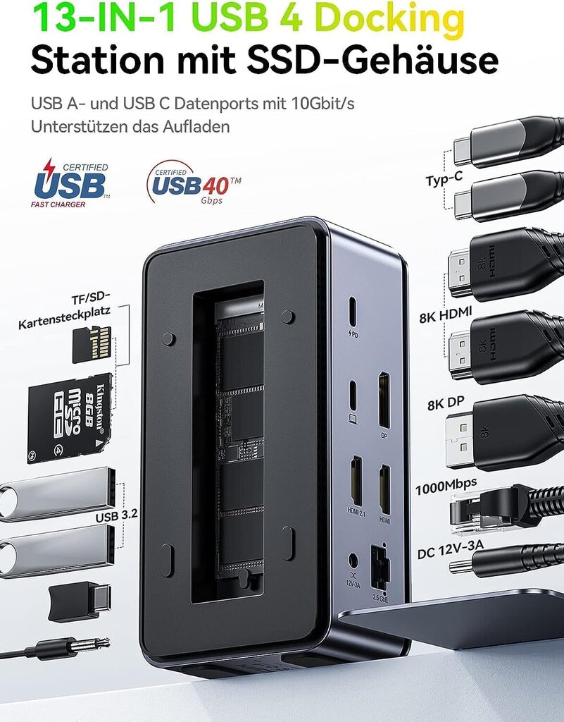 Dokkimisjaam Quuge, 8K 60Hz/4K 120Hz, 2 HDMI+DP, 2.5G AC adapter, 2tk USB 3.2, 100W PD, Thunderbolt 4/3 USB 4 USB-C цена и информация | USB jagajad, adapterid | kaup24.ee