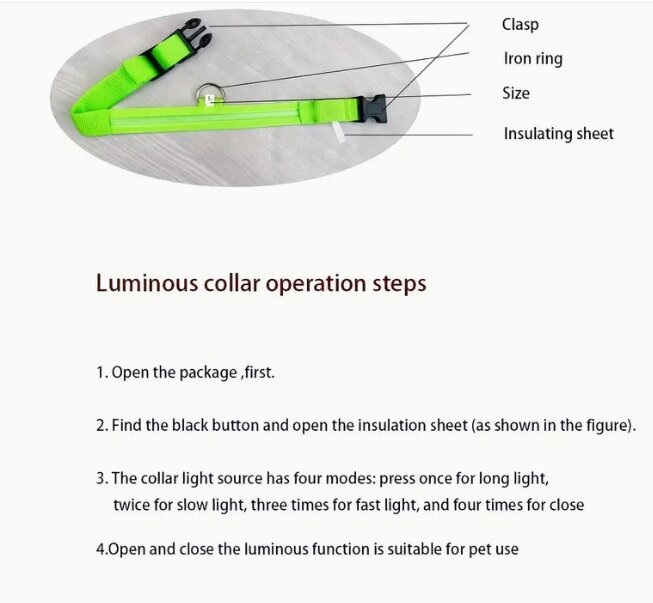Pimedas helendav LED kaelarihm väikestele ja keskmistele koertele, roheline цена и информация | Kaelarihmad ja traksid koertele | kaup24.ee