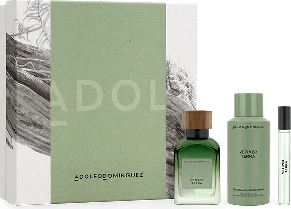 Komplekt Adolfo Dominguez Vetiver Terra meestele: parfüümvesi EDP, 120 ml + 10 ml + deodorant, 150 ml hind ja info | Meeste parfüümid | kaup24.ee