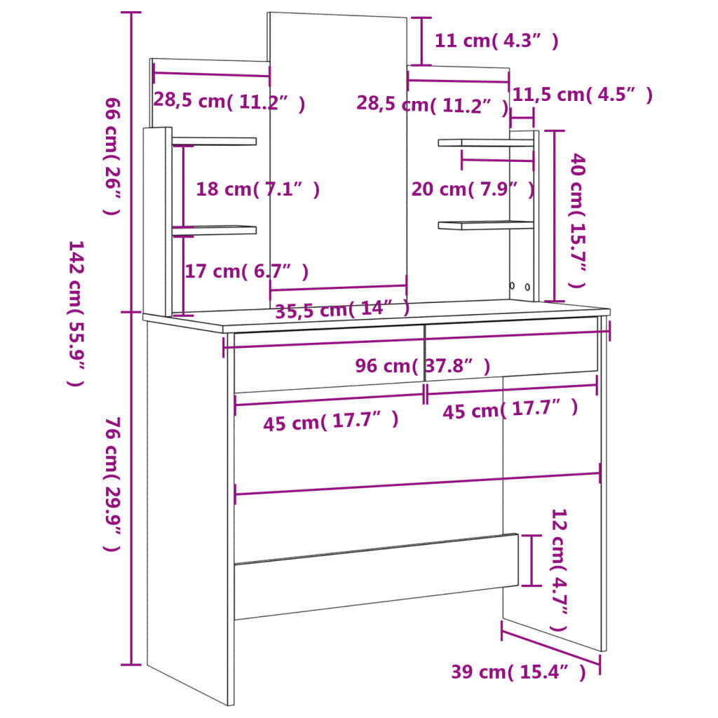 vidaXL tualettlaud peegliga, must, 96 x 39 x 142 cm цена и информация | Meigilauad | kaup24.ee