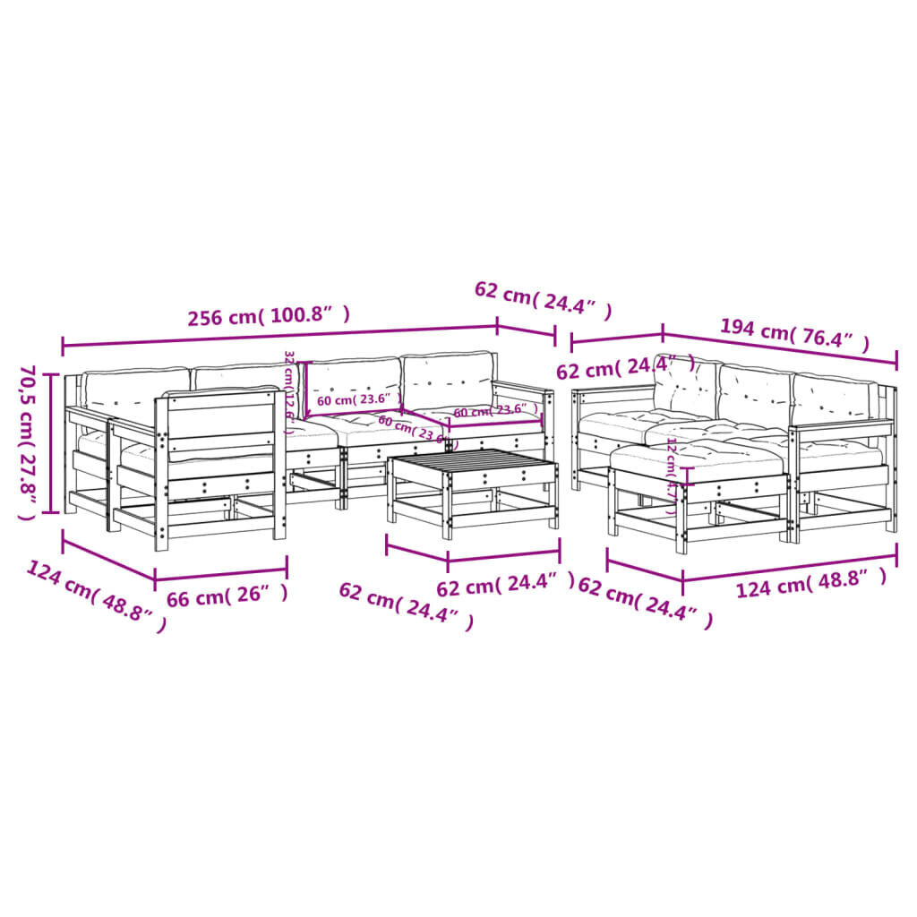 vidaXL 10-osaline aiamööbli komplekt patjadega, hall, täispuit hind ja info | Aiamööbli komplektid | kaup24.ee