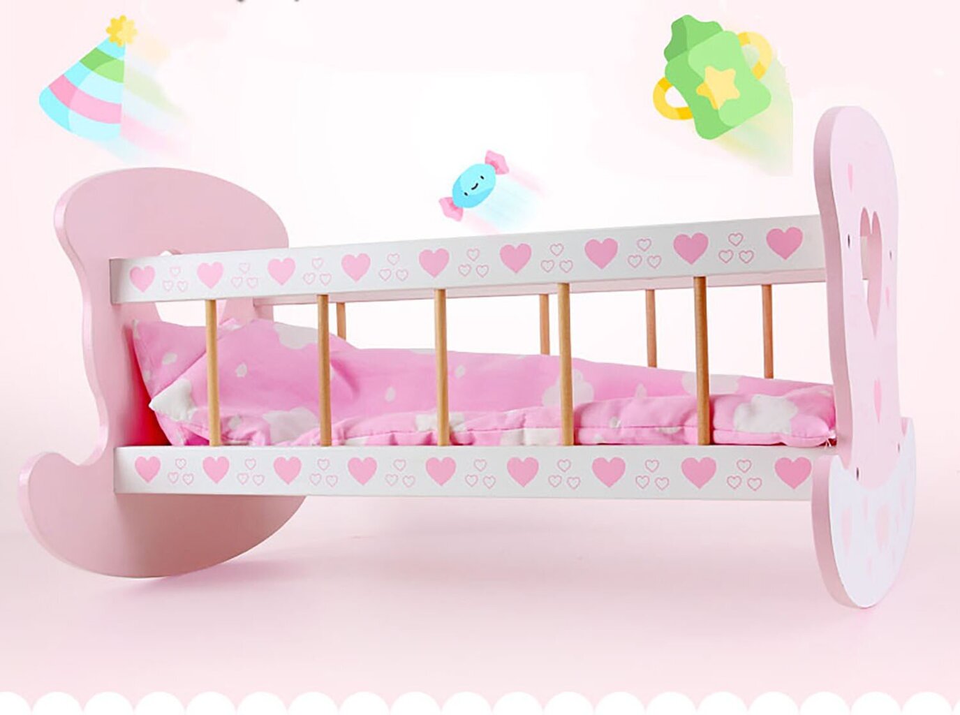 Suur puidust võrevoodi - häll koos voodipesuga, roosa hind ja info | Tüdrukute mänguasjad | kaup24.ee