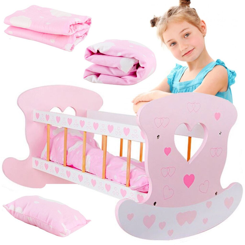 Suur puidust võrevoodi - häll koos voodipesuga, roosa hind ja info | Tüdrukute mänguasjad | kaup24.ee