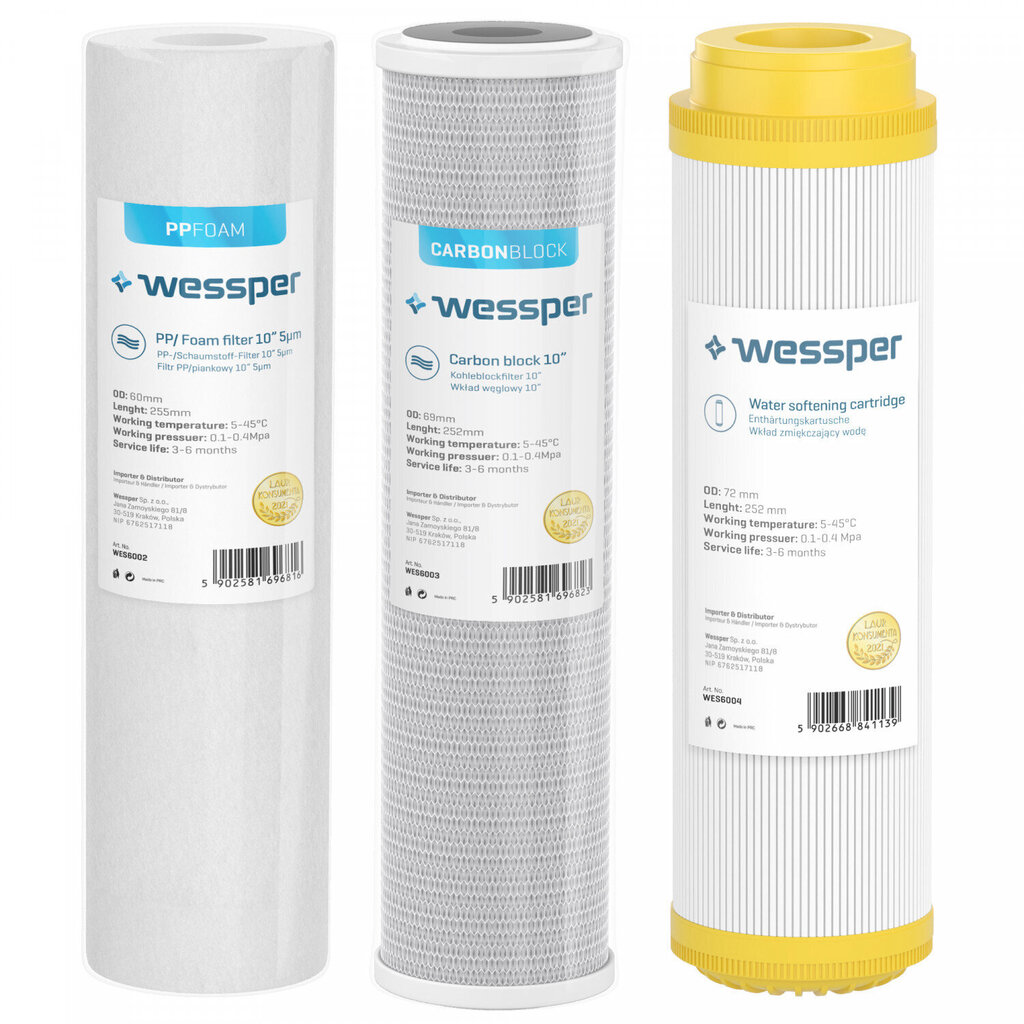 Wessper PP Foam, Carbon Block, Water Softening Cartidge, 3 tk цена и информация | Kodumasinate lisatarvikud | kaup24.ee