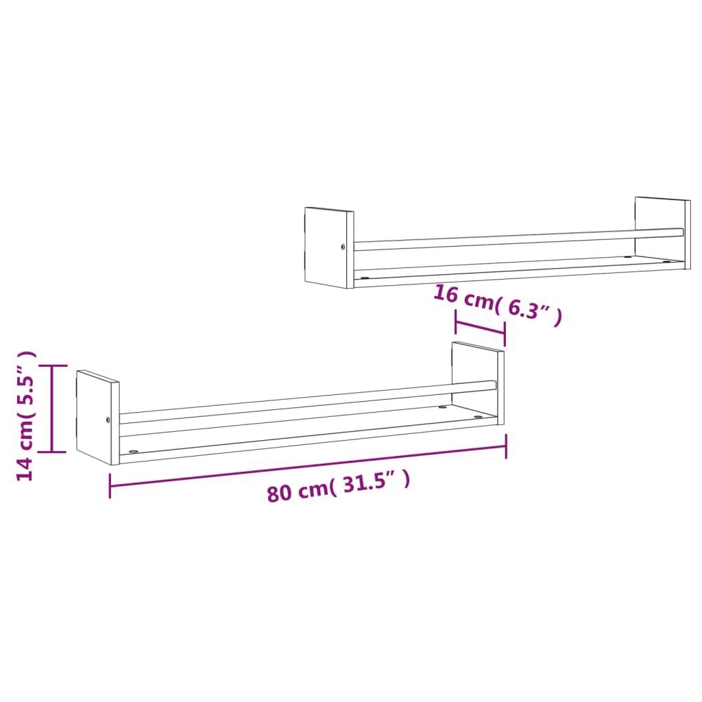 vidaXL lattidega seinariiulid 2 tk, pruun tamm, 80 x 16 x 14 cm цена и информация | Riiulid | kaup24.ee