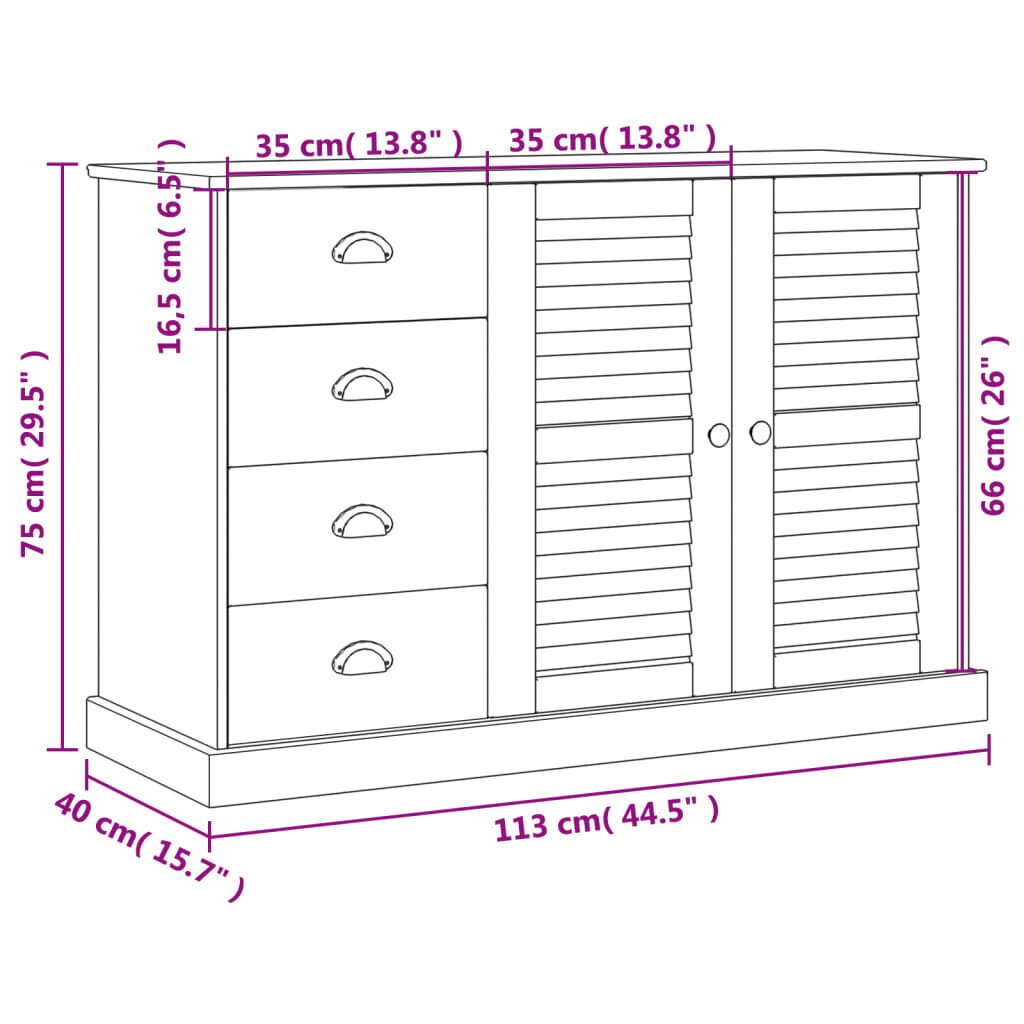 vidaXL sahtlitega puhvetkapp "VIGO" 113x 40 x 75 cm, hall, männipuit цена и информация | Elutoa väikesed kapid | kaup24.ee